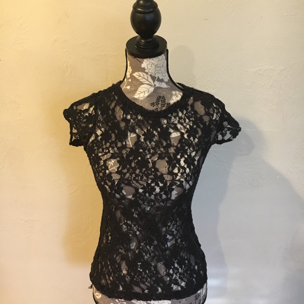 Lush Black Sheer Lace Top Short Sleeves Size XS